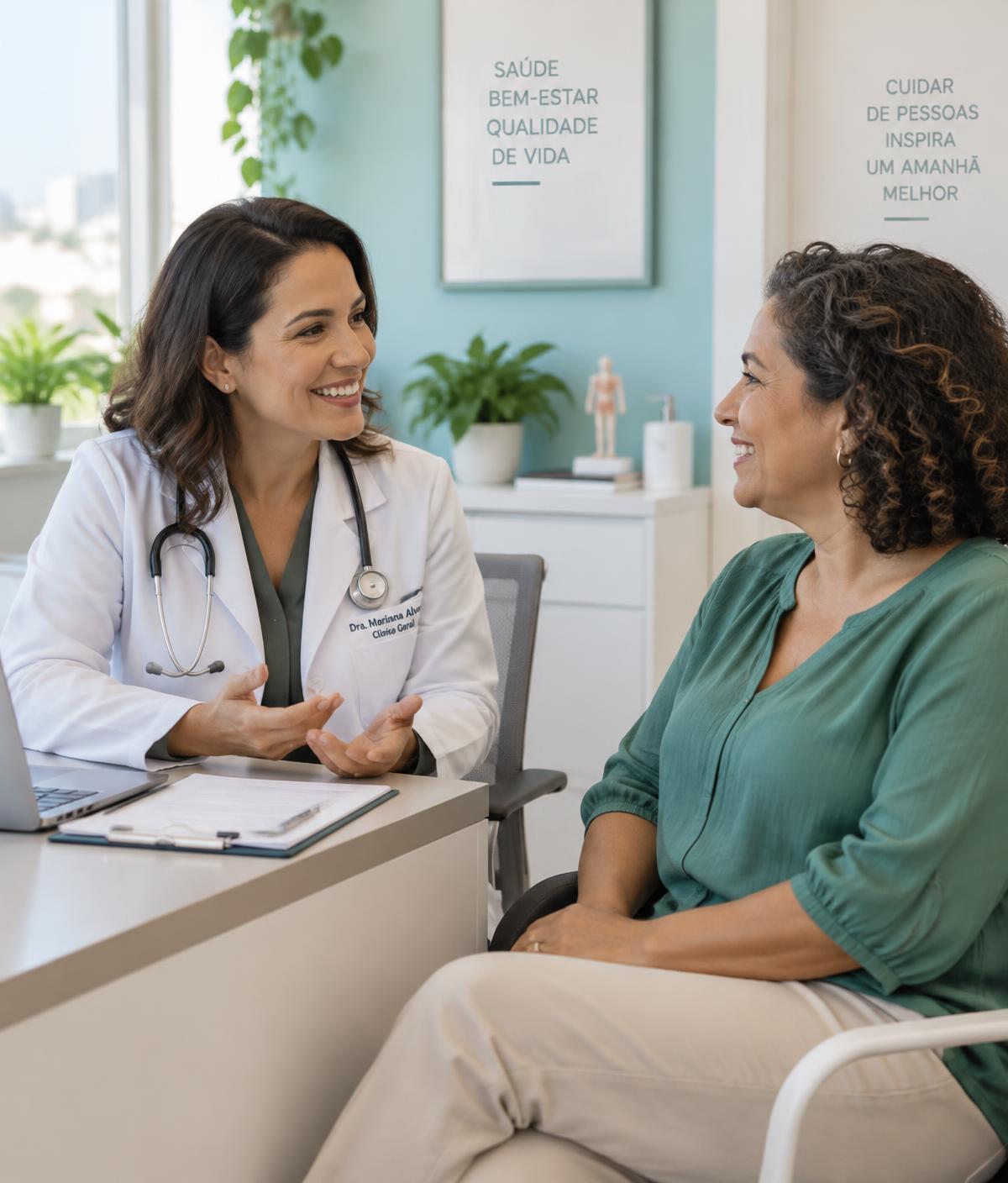 Médica conversando de forma acolhedora com uma paciente em um consultório iluminado